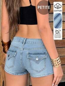 Women's Petite Casual Washed Denim Mini Shorts, Button Detail Design Summer - Light Wash - View 6
