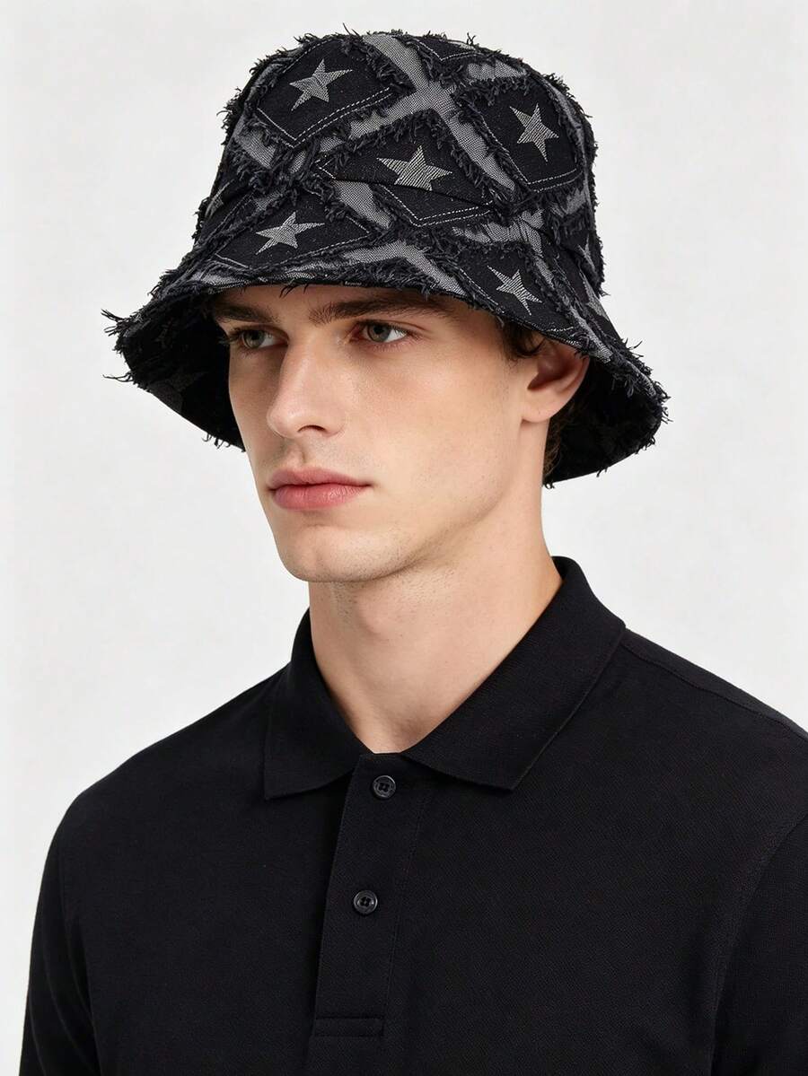 1pc Outdoor Sports Bucket Hat, Korean Denim Style Washed Vintage Star Cap, Suitable For Daily Street Wear, Summer Sun Protection - Black - View 1