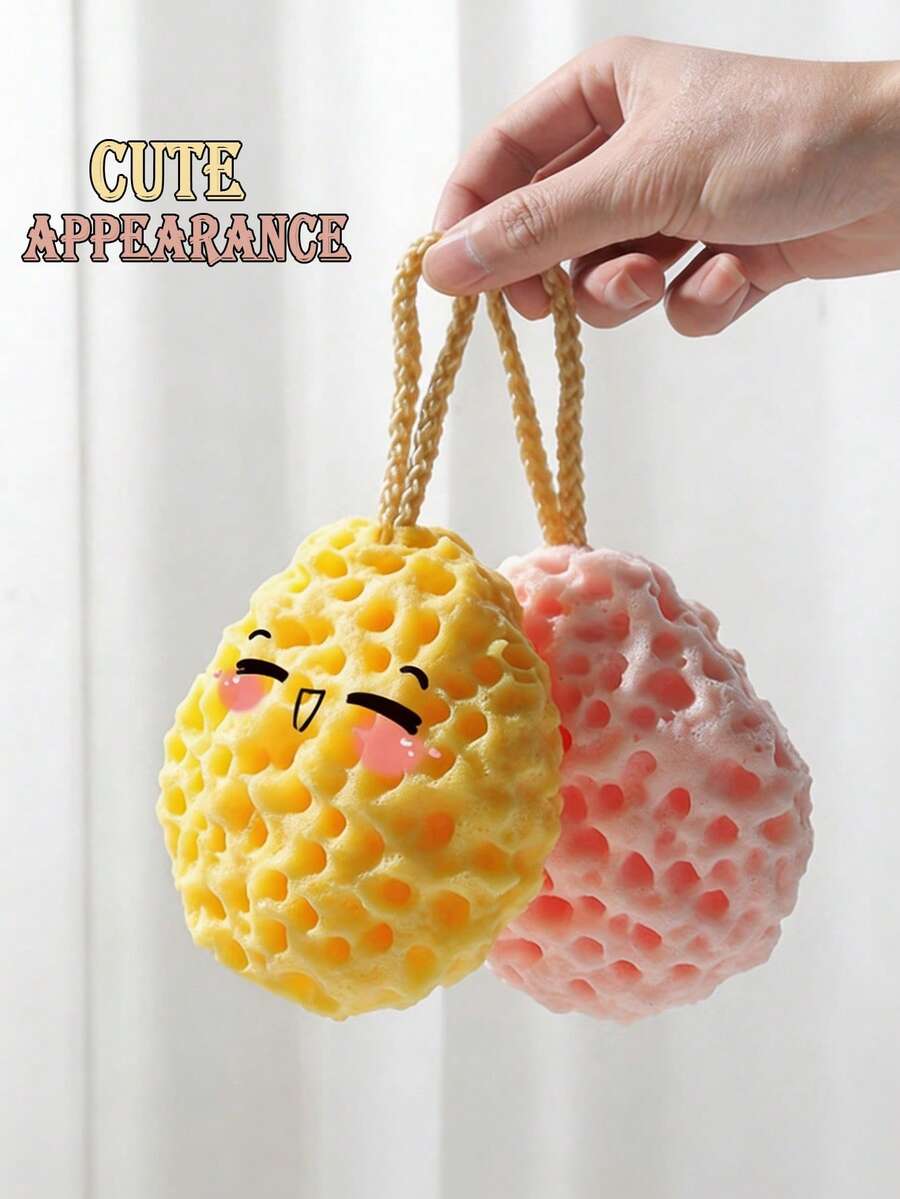1/2Pcs Cheese Shape 3D Honeycomb Bath Sponge, Cute Appearance Rich Foam Highly Absorbent, High Resilience No Deformation Soft Exfoliating Body Scrubber With Hanging Rope, Random Color