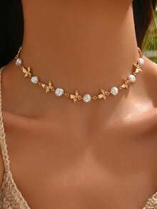 1 pieza Collar de perlas con diseño geométrico asimétrico personalizado, gargantilla de patchwork de mariposa asimétrica estilo Ins, joyería de cuello de moda para mujer adecuada para uso diario, citas, fiestas y vacaciones - multicolor - Ver 1