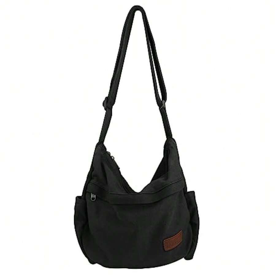 Bolso bandolera grande de lona con múltiples bolsillos para hombres y mujeres, bolso bandolera para portátil - negro, (1 - Negro) - Ver 1
