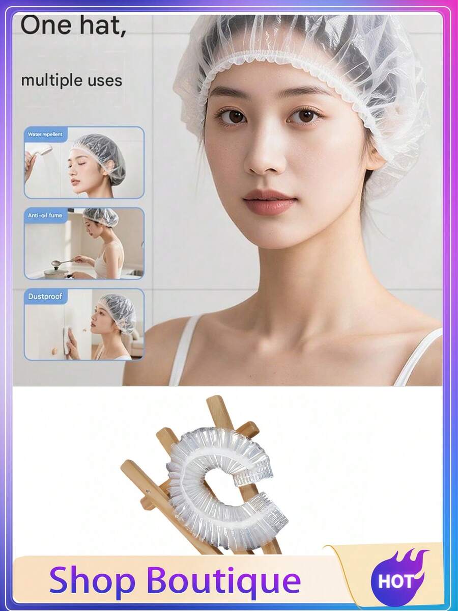 100/50pcs Portable Travel Thickened Elastic Transparent Disposable Waterproof Shower Cap, Suitable For Home Bathing Hair Care And Outdoor Cooking - Thickened version - View 1