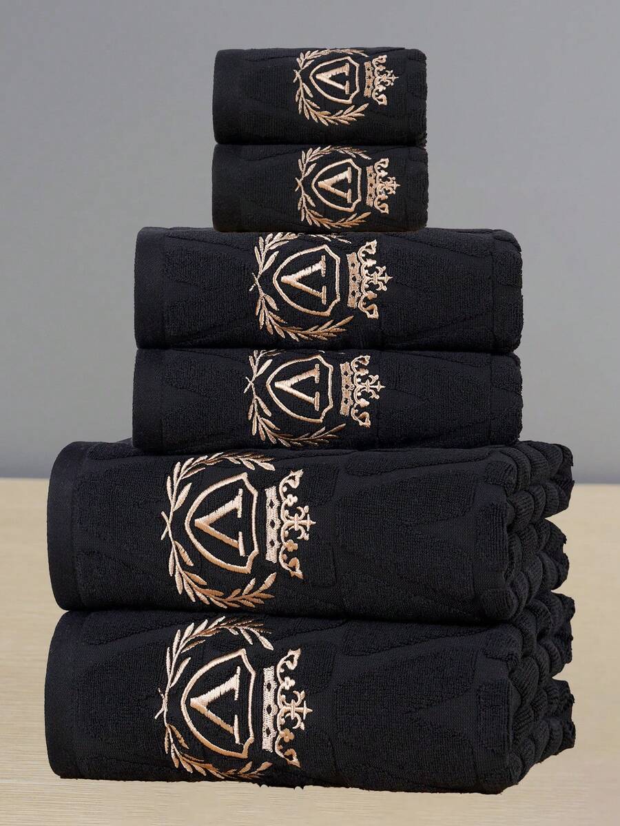 QIBHI Bộ khăn bông cotton nguyên chất thêu jacquard gồm khăn lau tay (13.38*29.52in), khăn tắm cotton terry (19.68*35.43in) và khăn tắm phong cách châu Âu (27.55*55.11in), phù hợp cho phòng tắm gia đình, xông hơi, trang trí phòng tắm - màu đen - Xem 1