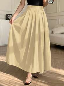 Cream Yellow Pleated Maxi Skirt For Commute/Date/Casual Wear, Flowing & Crisp, A-Line Silhouette With Pockets, Versatile For Daily Wear - Creamy Yellow - View 5
