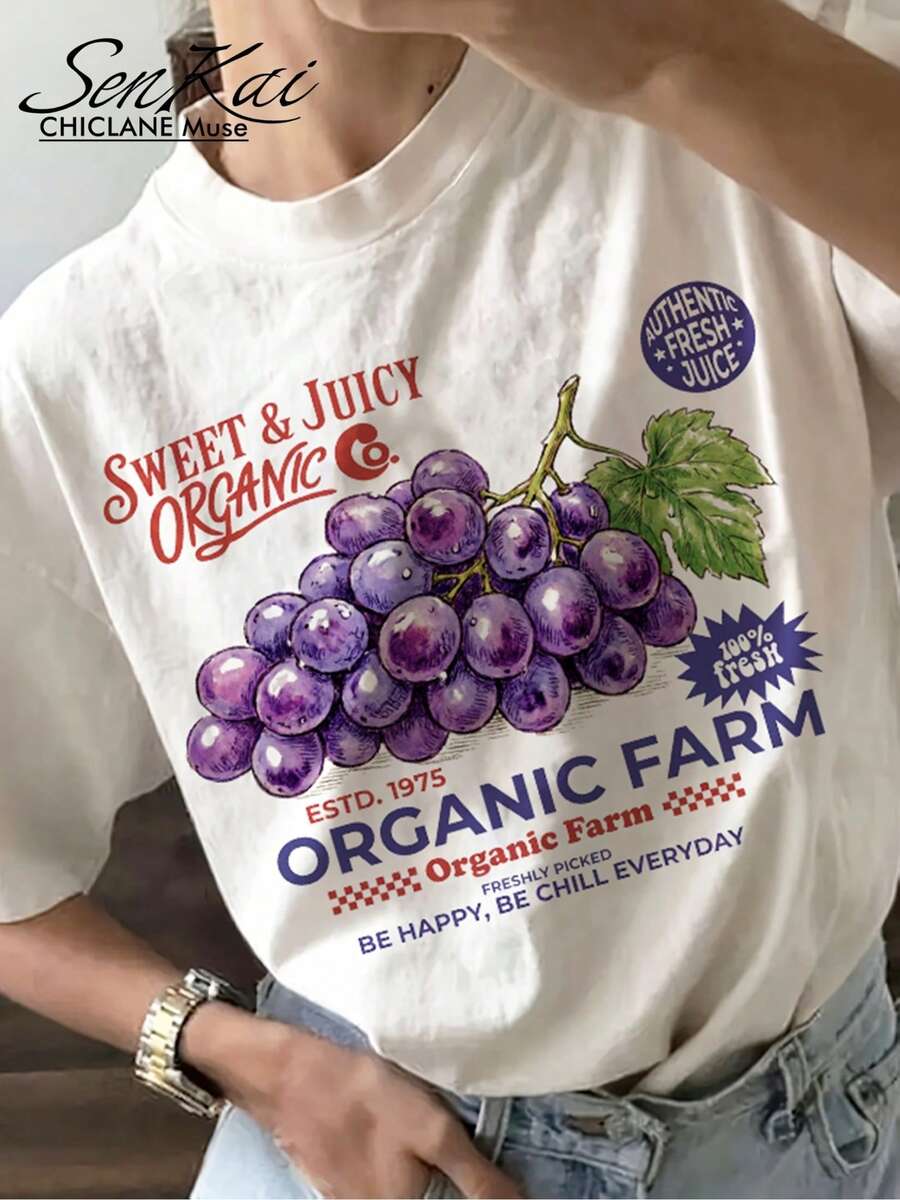 Minimalist. 100% Cotton. Retro French Grape Print T-Shirt, Niche Design, Casual And Versatile Style, Short-Sleeved Top, Casual Short-Sleeved Top With A Scoop Neck For Summer And Spring, Women's Clothing. Spring And Summer Top. - 白色 - 查看 1
