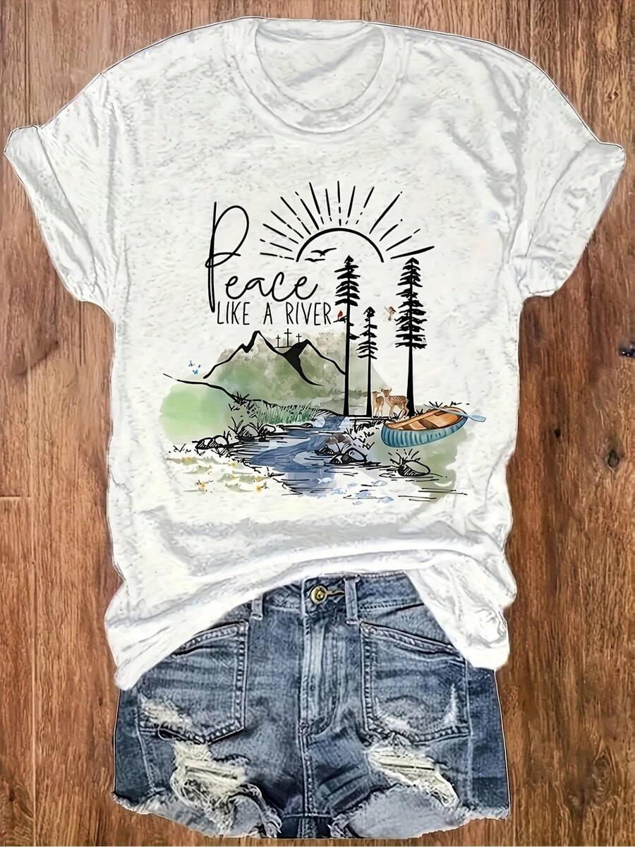 Women's Casual T-Shirt- Comfortable Everyday Crew Neck Top, Machine Washable River Pattern Design, Suitable For Home, Office, Travel- Natural Lan - 白色 - 查看 1