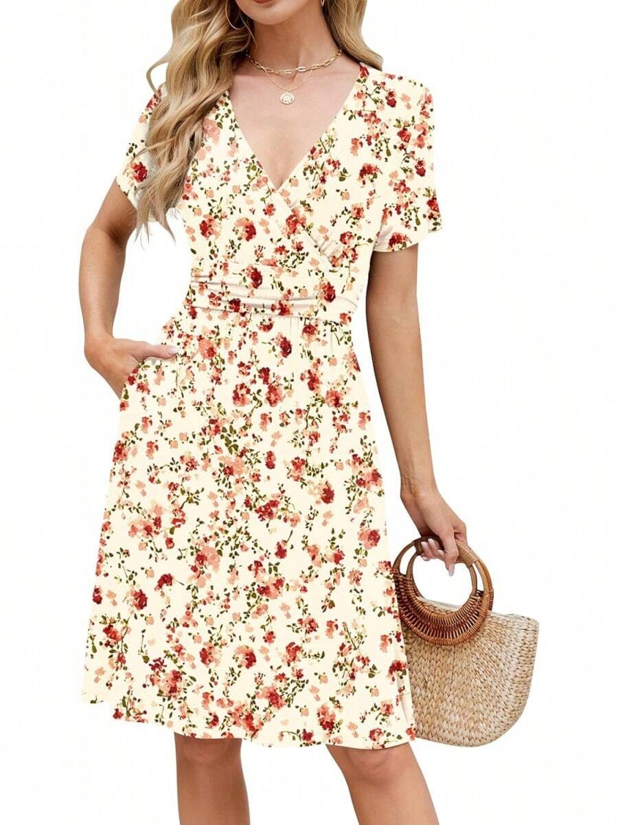 Womens Summer Dresses For Women 2026 Spring Floral Sundress Short Sleeve V Neck Wrap Dress With Pockets Festival Outfits Elegant Dress For Women Dress For Women - 10 杏花 - 查看 1