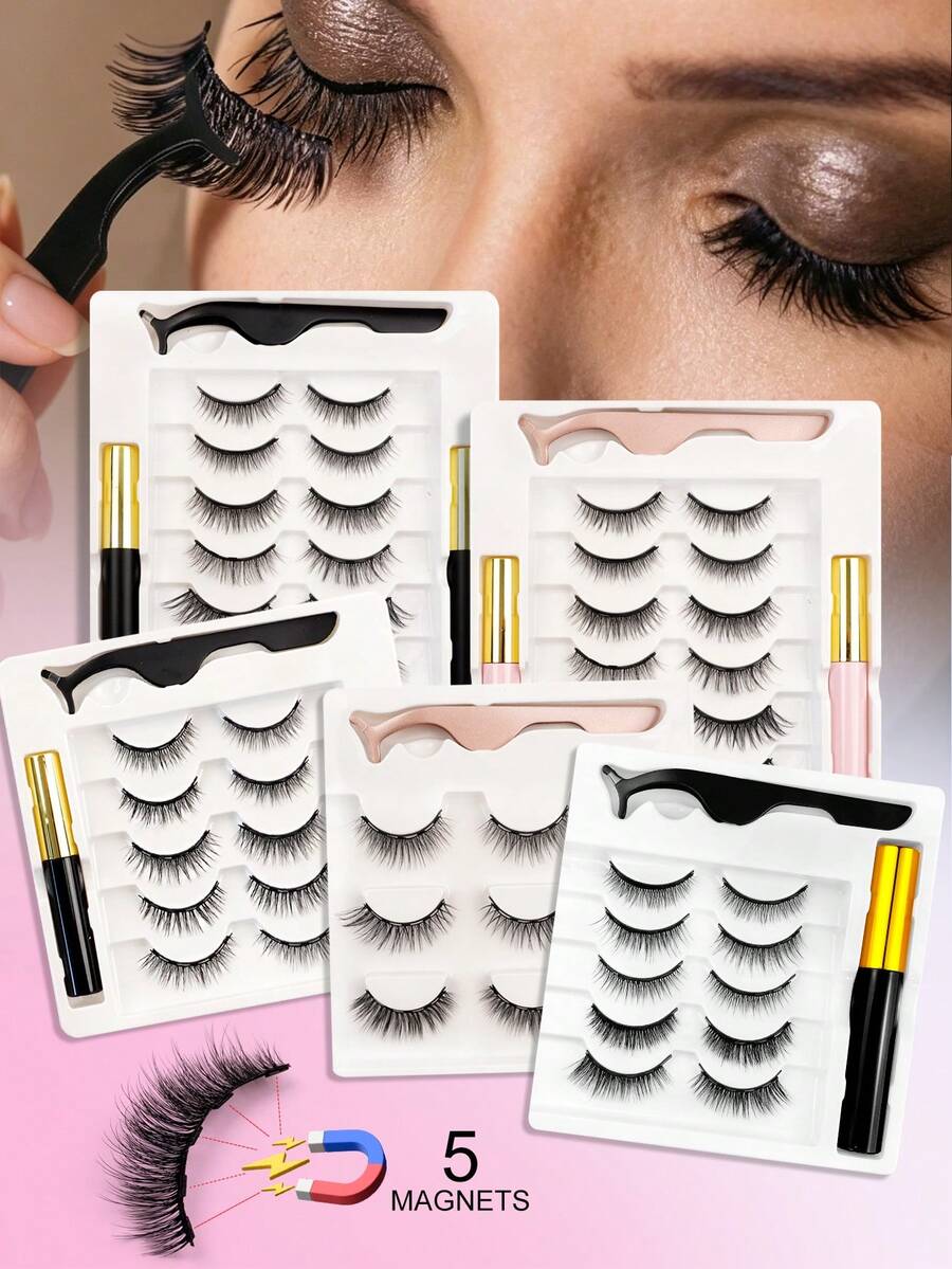 Bộ 3-7 cặp mi giả từ tính, 5 cặp mi giả từ tính kèm nhíp, mi giả 3D lông chồn, bộ nối mi giả lông chồn tự nhiên, dễ đeo, (3, 5, 7 cặp) bộ mi giả dạng chùm, mi giả - màu đen - Xem 1