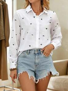 YI XUAN Women's White Long Sleeve Shirt Collar Printed Blouse, Heart Print, Front Button Closure, Regular Hem, Woven Fabric - White - View 6