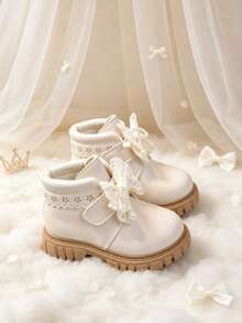 1 Pair Girls' Lace Bow & Pearl Decor Princess Style Shoes, Suitable For Spring/Autumn Banquet, Wedding And Daily Wear - Beige - View 5