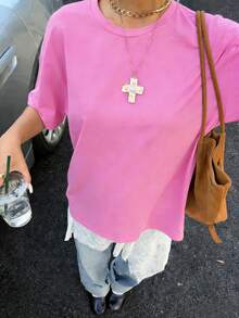 100%棉 男女同款玫紅色T卹，plus size，春夏 四季 新款 運動上衣，休閒 時尚 柔軟 透氣 中性短袖上衣 - 玫紅色 - 查看 3
