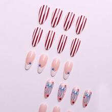 24Pcs Medium Almond Press-On Nails, Nude Base False Nails With Red & White Stripes, Blue Star & Bow Accents, Patriotic/4th Of July Wearable Nail Kit For Women, Reusable - Multicolor - View 5