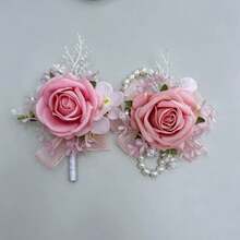 Wrist Corsage And Boutonniere Set Artificial Blue Rose Bracelet Wristlet Pocket Boutonniere Wedding Prom Party Supplies - 粉色 - 查看 2