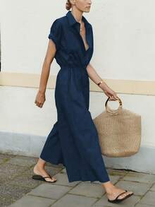 Women's Basic Casual Solid Color Jumpsuit - Blue - View 4