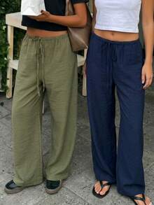 Summer Bestie 2-Piece Set Green & Navy Blue Wide Leg Pants, Elastic Waist Drawstring Loose Drapey Casual Pants, Lightweight Breathable Linen Texture Slouchy Women's Long Pants - Green and Navy Blue - View 8