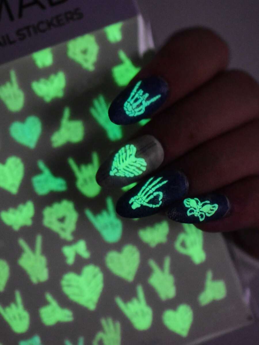 1pc Glow-In-The-Dark Skeleton Nail Art Sticker, Y2K Gothic Style Luminous Heart Bone Butterfly Nail Decal For DIY Nail Art Nail Stickers - Multicolor - View 1