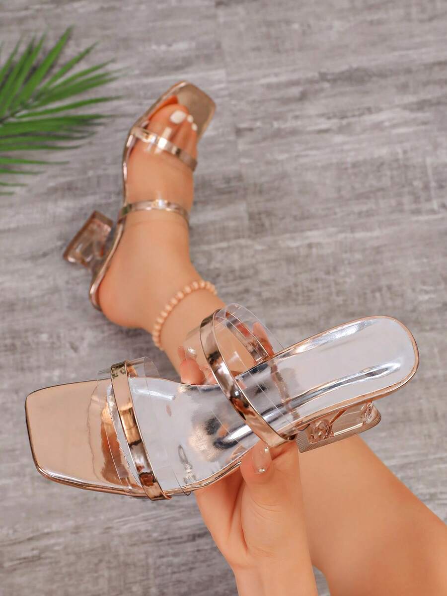 1 Pair Women Champagne Transparent Strap Slip On Square Toe Elegant Fashion Summer Design Heeled Sandals - Champagne - View 1
