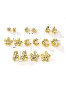 4pcs-16pcs Exquisite And Compact Women's Golden-Plated Earring Set, Simple Design,Versatile For Daily Use - Gold - View 2