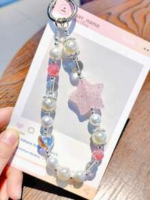 1pc Exquisite Luxurious High-End Phone Chain Star Crystal Pearl Chain Phone Lanyard Short Bag Charm - Multicolor - View 2