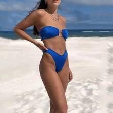 Traje de Baño de Color Sólido y Cintura Alta para Aguas Termales y Playa - Verde Oscuro - Ver 4