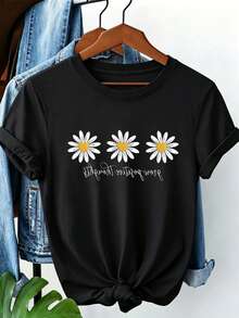 Camiseta de punto de manga corta con estampado de margaritas, cuello redondo, corte regular y hombros caídos para mujer. - Negro 1 - Ver 2