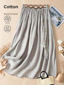 Jupe évasée vintage artistique polyvalente pour l'été, style décontracté brodé pour femmes - Gris pâle - Voir 2