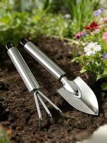 2pcs Stainless Steel Gardening Tool Set, Home Soil Loosening Rake And Shovel, Balcony Potted Plant Planting Flower Growth Vegetable Digging Outdoor Shovel Planting Mini Stainless Steel Flower Pot Soil Loosening Rake - A - View 1