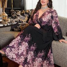 LunaCass8  Vestido elegante negro de talla grande con estampado floral elegante y romántico para vacaciones - Rosa vieja - Ver 2