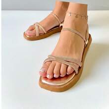 Sandália Papete Flat Rasteirinha Feminina Tiras Pedrarias Strass Brilho Leve Antiderrapante - Nude/Dourada - Visão 5