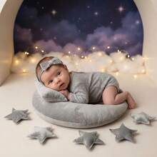 Conjunto de 8 piezas de atuendo y accesorios de fotografía para recién nacidos, para aniversario de luna llena, conmemoración de 100 días, sesión de fotos de bebé (almohada de estrella + diadema con lazo + almohada), accesorios de tela para fotos de recién nacido/luna llena/100 días/decoración de fiesta de bebé - Multicolor - Ver 4