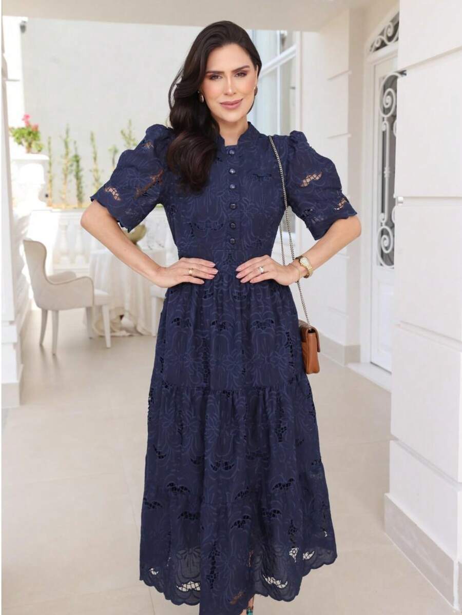 Women's Elegant Floral Embroidered Lace Midi Dress, 100% Cotton, With Puff Sleeves, Front Buttons And Full Skirt - Romantic And Sophisticated Look, Summer 2025 - 藏蓝色 - 查看 1
