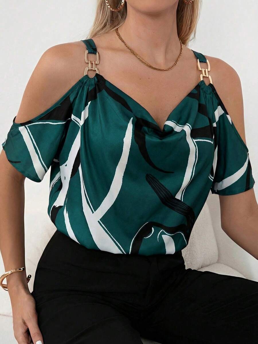 Clasi Blusa con estampado total, detalle de cadena en los hombros descubiertos, parte superior con hombros descubiertos - Verde Oliva - Ver 1