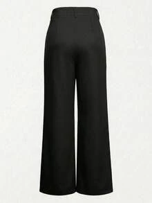 Women's Fashion Black Polyester Wide Leg Pants, With Pockets, Zipper And Buttons, Non-Stretch Fabric, Suitable For Commuting And Office Wear - Black - View 3