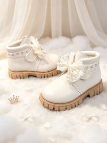 1 Pair Girls' Lace Bow & Pearl Decor Princess Style Shoes, Suitable For Spring/Autumn Banquet, Wedding And Daily Wear - Beige - View 3