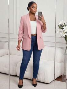 SHEIN Lady CURVE 粉色大码女士西装外套，通勤和商务优雅装扮，秋冬商务休闲女士 - 粉色 - 查看 4