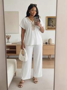SHEIN Lady CURVE 大码女士夏季服装两件套女士度假服装女士商务休闲女士两件套夏季服装乡村服装 - 白色 - 查看 3