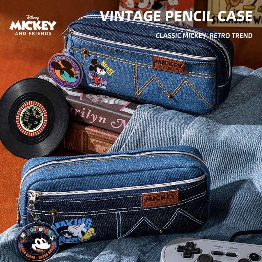 Disney 學生鉛筆盒 美式復古丹寧 Mickey Mouse 鉛筆盒 多功能防髒鉛筆收納袋 大容量文具盒