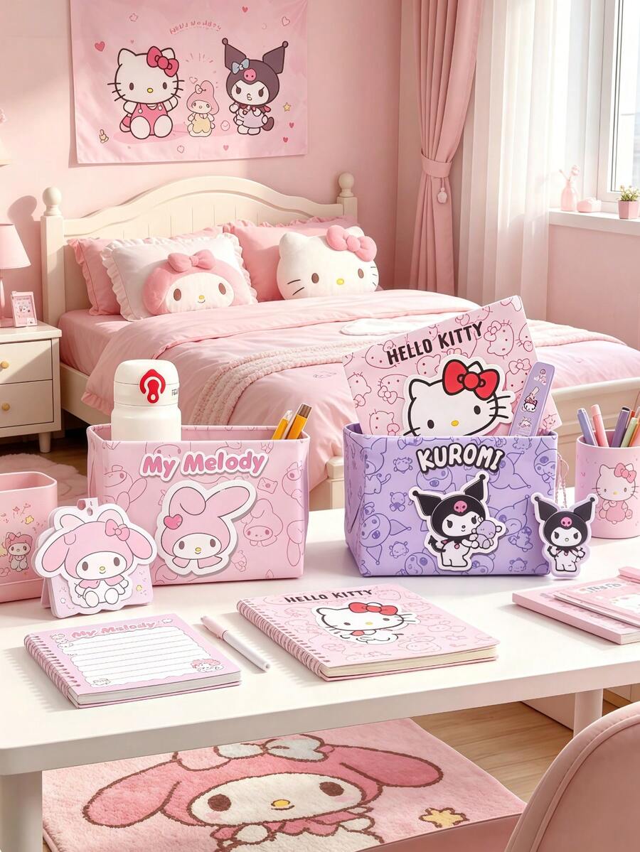 Giỏ lưu trữ gấp gọn Sanrio, hộp lưu trữ để bàn Hello Kitty/My Melody/Kuromi, chất liệu vải không dệt, hộp lưu trữ đồ dùng linh tinh & mỹ phẩm dễ thương, trang trí phòng ngủ cho bé gái - A - Xem 1