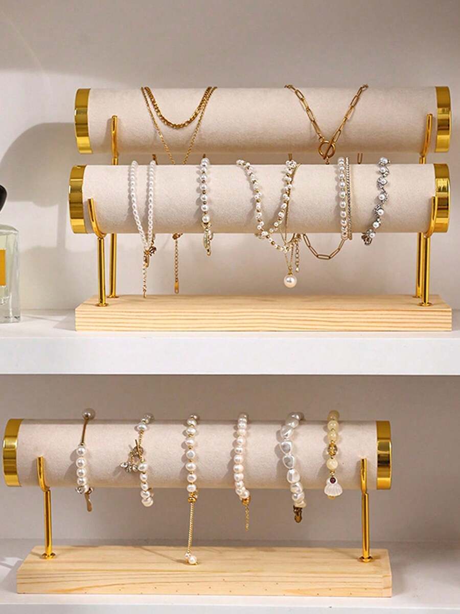 2 - Tier Gold - Accent Wooden Jewelry Display Rack - Hold Bracelets, Necklaces & Watches | Retail Display, Trade Show & Personal Collection Organizer - Multicolor - View 1