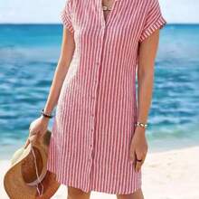 ghadjgyjad  Vestido camisero de verano para mujer, de manga corta, cuello en V y rayas, hasta la rodilla, vestidos de verano para mujer, vacaciones - Multicolor - Ver 1