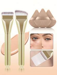 ronshadow 2 piezas Brocha de base sin costuras de cabeza plana + 3 piezas Juego de esponjas de maquillaje triangulares, incluye brocha de base angular, herramienta de maquillaje de aplicación rápida no absorbente apta para principiantes - Multicolor - Ver 3