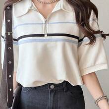 Camiseta de polo de cuello medio con cremallera y ajuste holgado con bloques de color para mujer, de verano - Albaricoque - Ver 3