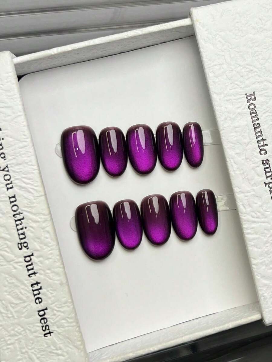 10pcs Handmade Oval Nail Tips, DIY Press-On Nails, Acrylic Short Purple Gradient Cat Eye Minimalist Summer Fake Nails, Suitable For Party, Daily, Date, Office, Vacation, Gift For Women And Girls - Purple - View 1