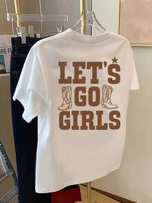 Camiseta Premium de Cuello Redondo con Estampado de Letras en la Espalda, Estilo Deportivo Casual para Mujer, Manga Corta Primavera/Verano, Ecológica - Blanco - Ver 1