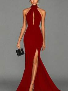 Elegant Sleeveless Backless Black Long Dress, High Slit Design, Perfect For Formal Occasions And Galas Wedding Party - Red - View 7