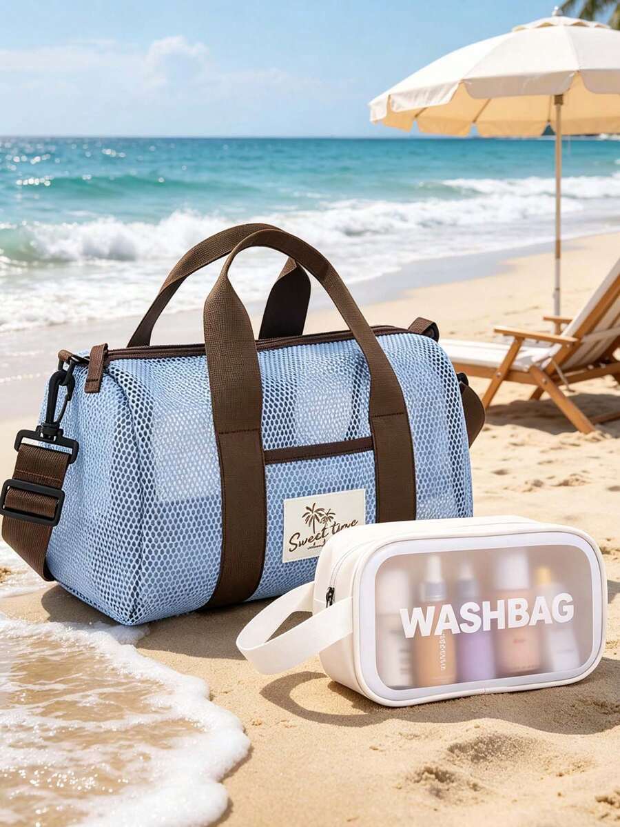 Set di borsa tote da spiaggia in rete & borsa trasparente per articoli da toeletta, borsa portatile per palestra e nuoto con tracolla regolabile, set di borse da viaggio estive di grande capacità, borsa impermeabile per cosmetici e articoli da toeletta, borsa per lo stoccaggio in vacanza, adatta per vacanze, campeggio, dormitorio universitario, piscina, forniture per il bagno, essenziale per la spiaggia estiva, regalo di compleanno unico, regalo per le vacanze, regalo per feste, regalo per vacanze, regalo per il ritorno a scuola, regalo per anniversario - Multicolore - Visualizzare 1