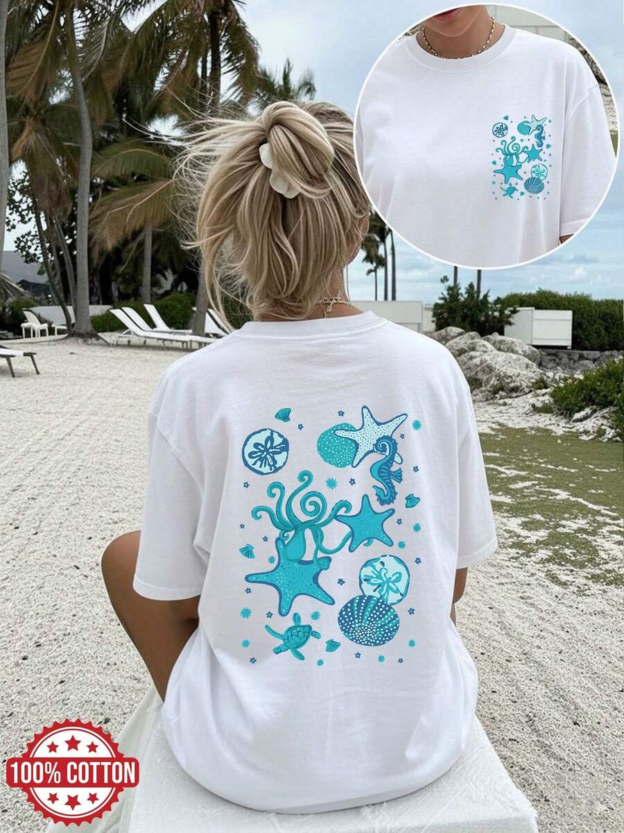 Minimalist. 100% Cotton. 1 Piece. [Double-Sided Print] Casual, Loose-Fitting Women's Top For Spring/Summer. Marine Style. Oversized, Short-Sleeved, Round-Neck T-Shirt With A Starfish, Octopus, And Sea Turtle Print In Pure Cotton. [Chu]. Spring/Summer Top. - 白色 - 查看 1