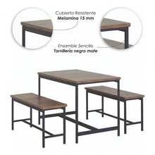 Dark Brown Rectangular Dining Set With 2 Benches For 4 People, Plain Design - Black - View 8