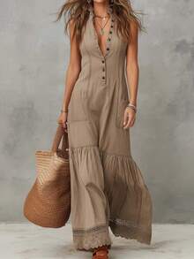Sleeveless Jumpsuit With Buttons And Trim 2026 - 卡其色 - 查看 6