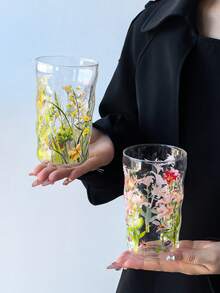 1個復古花卉玻璃馬克杯，復古盛開高美感Ins風冷萃玻璃杯，可愛女性水杯，適用於冰美式咖啡、果汁、各種茶飲、日常水杯、辦公室、商業用途 - 彩色 - 查看 3